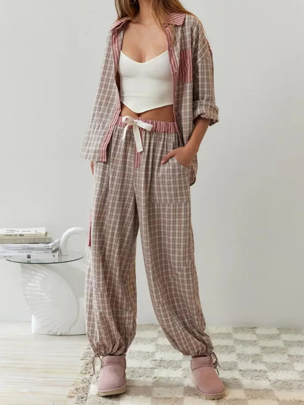 Dam Pyjamas Set Fleece Mjuk och Bekväm med Fickor 6