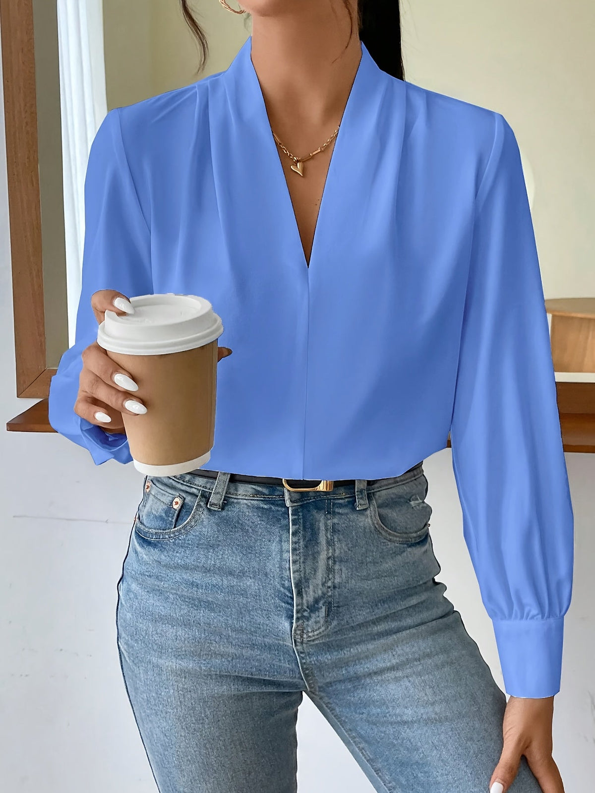 Snygga Blusar Dam Vit V-Hals Polyester Elegant-4