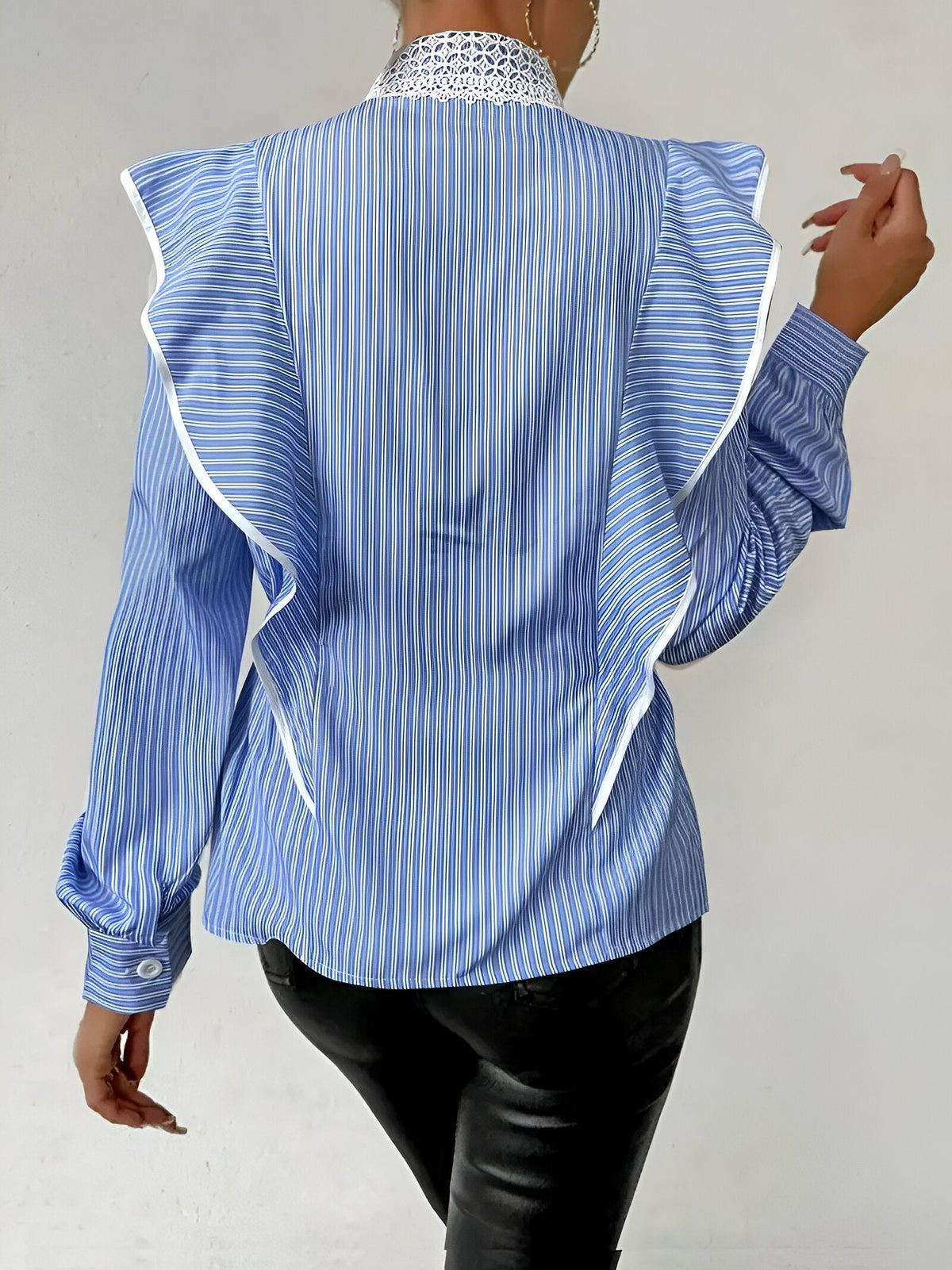 Dam Skjorta Långärmad Randig med Ruffles Mjukt Tyg-3