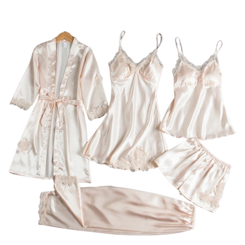 5-i-1 Satin-stil Nattkläder Set | Satin-stil Nattlinne & Pyjamas | Lyxigt Sovplagg Dam
