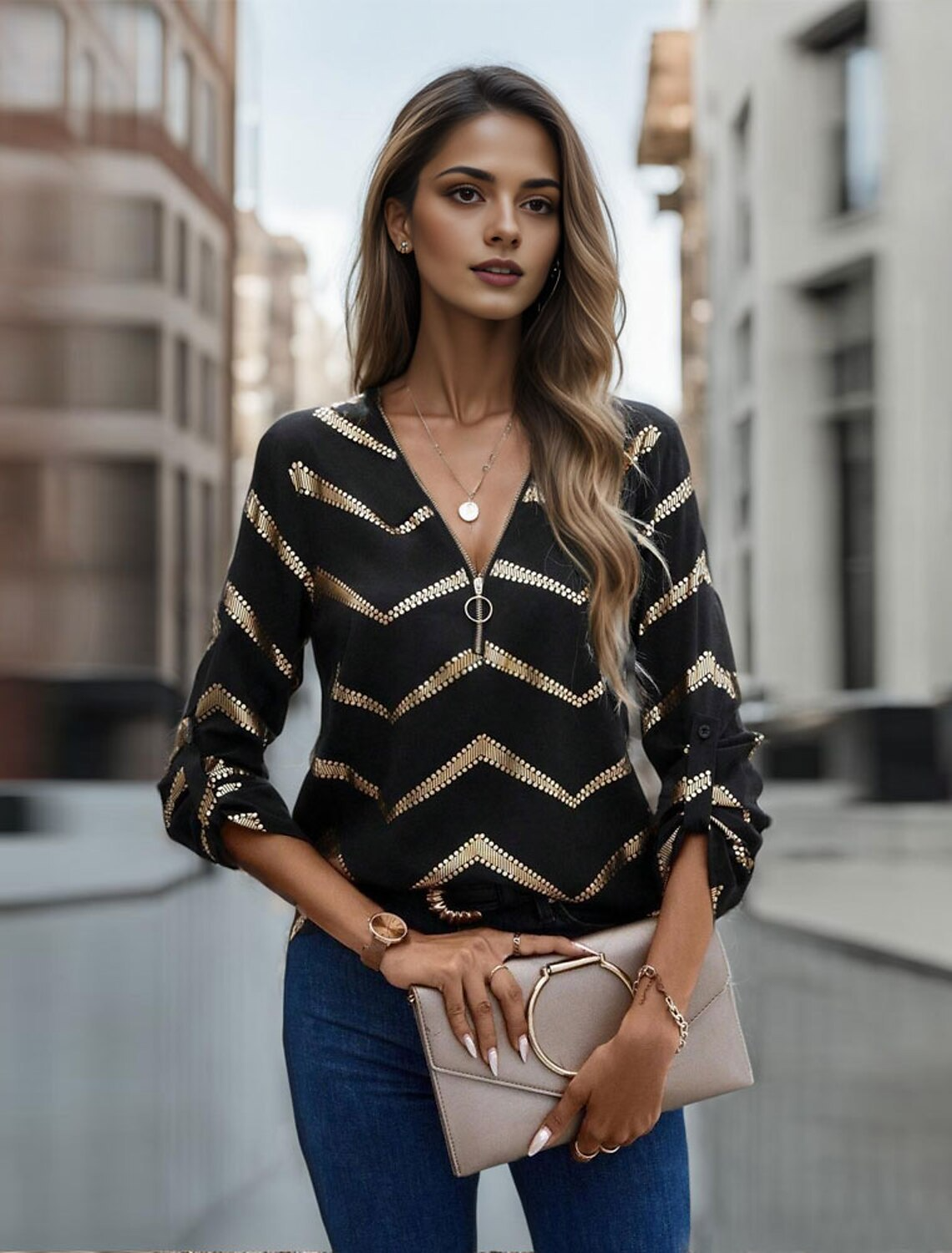 Variant image for Dam Blus V-ringning Randig Lätt Tyg-1