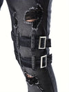 Herr Biker Jeans Avslappnad Denim Med Quiltade Detaljer-6