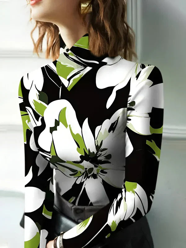 Långärmad T-shirt Dam Turtleneck Blommigt Tryck Mjuk Material-2