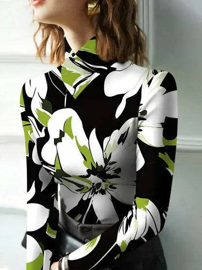 Långärmad T-shirt Dam Turtleneck Blommigt Tryck Mjuk Material-2