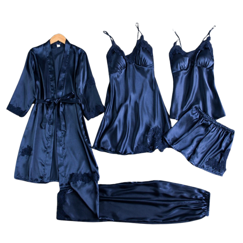 5-i-1 Satin-stil Nattkläder Set | Satin-stil Nattlinne & Pyjamas | Lyxigt Sovplagg Dam