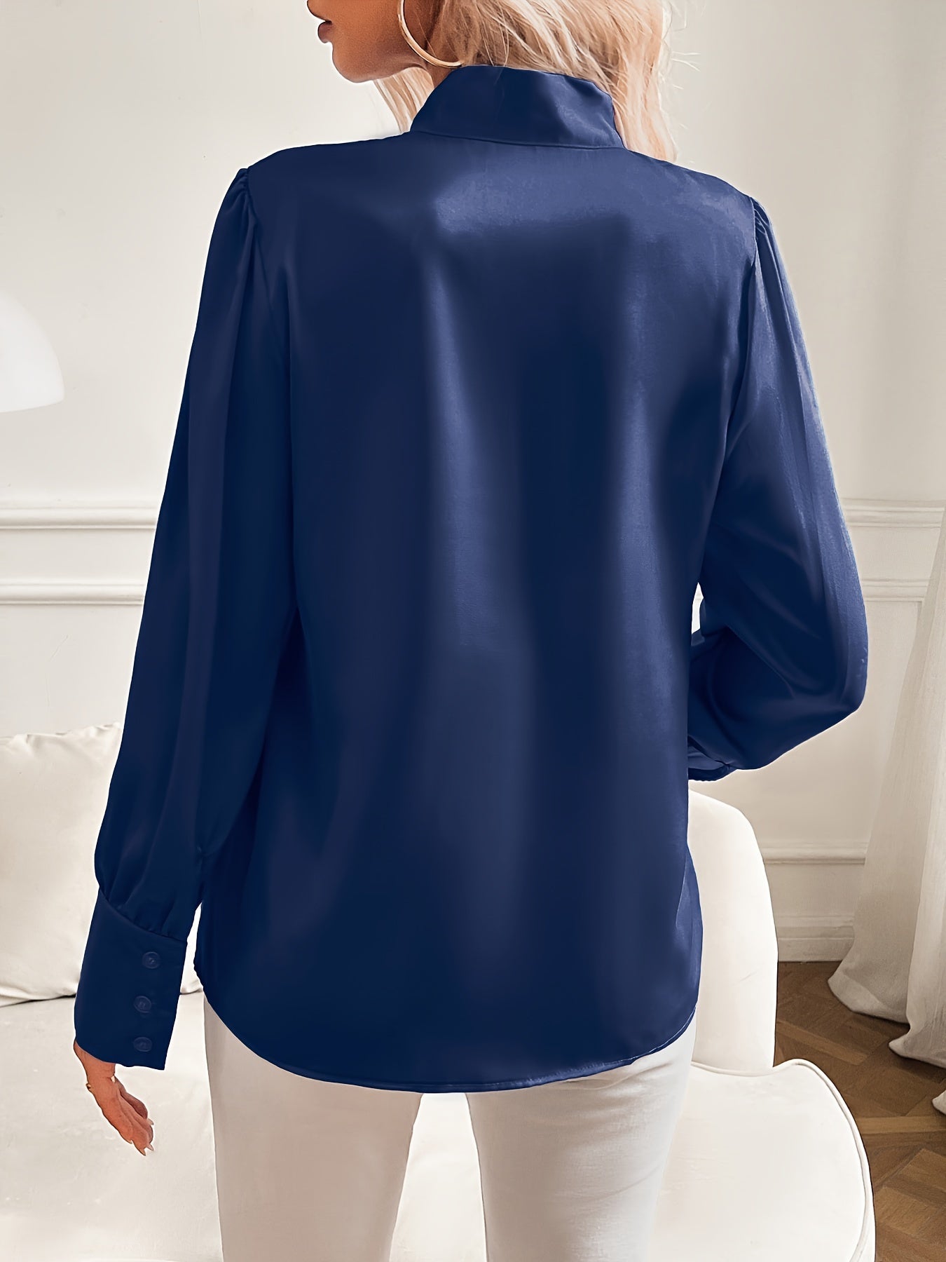 Dam Blus Vit Elegant Silkelook Klassisk Feminin Design Polyester-4