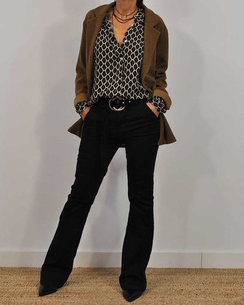 Dam Blus V-ringning Geometrisk Bomullsblandning Långärmad-2