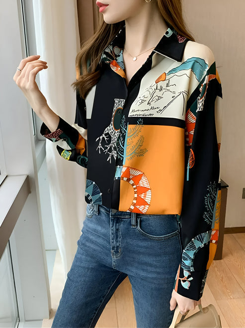 Dam Blus Vintageinspirerad Förtrollande Tryck 100% Bomull-3