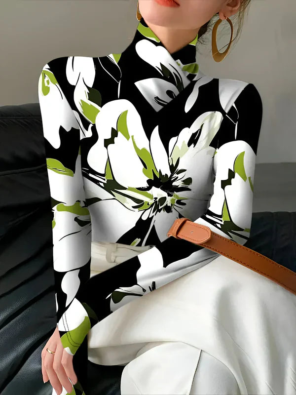 Långärmad T-shirt Dam Turtleneck Blommigt Tryck Mjuk Material-5