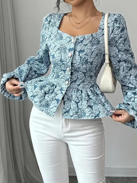 Variant image for Dam Blus Blommönster Puffiga Ärmar Polyester-1