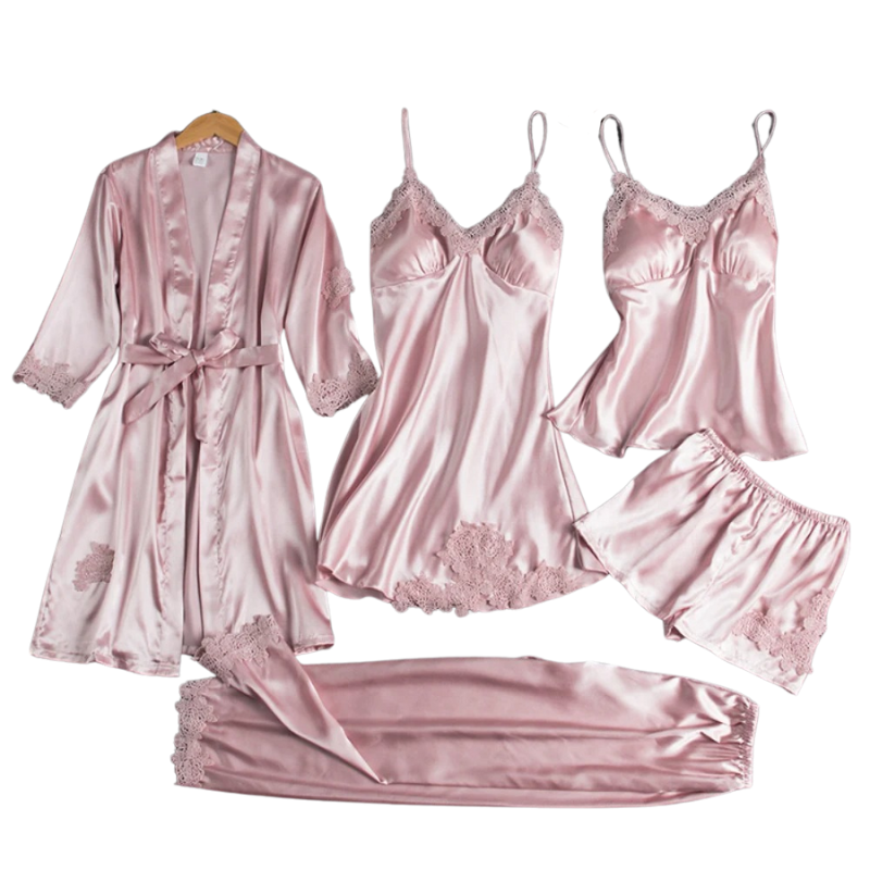 5-i-1 Satin-stil Nattkläder Set | Satin-stil Nattlinne & Pyjamas | Lyxigt Sovplagg Dam