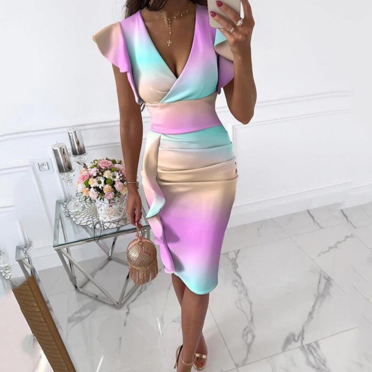 Variant image for Kvinna Klänning V-ringning Rekommenderade Ärmar Mjuk Material-37