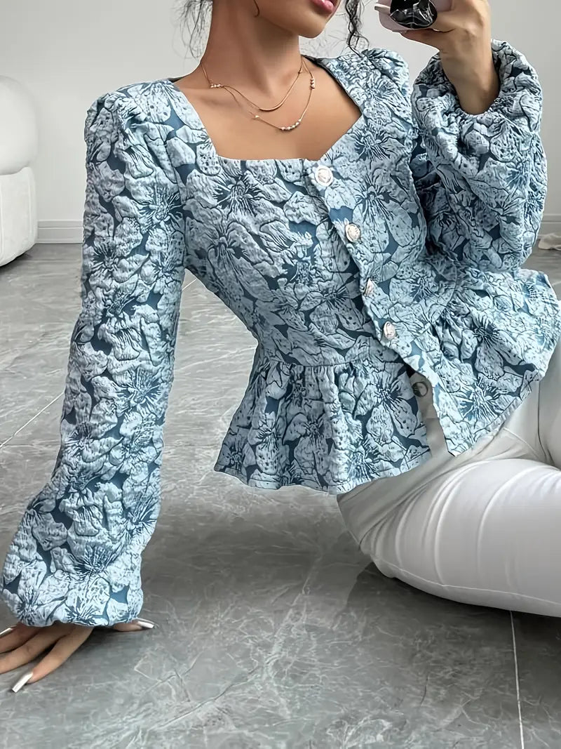 Dam Blus Blommönster Puffiga Ärmar Polyester-3