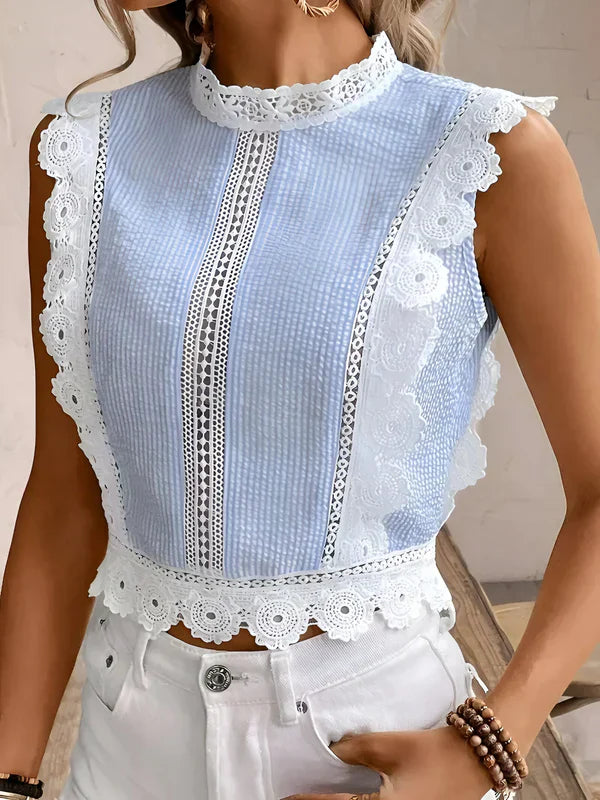Dam Blus med Blommiga Spetsgränser Graciösa Ärmar Polyester-4