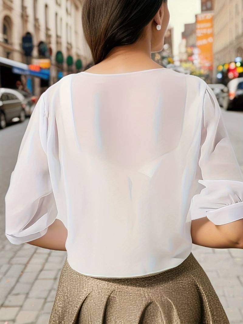 Vit Blus Dam Öppen Front Luftig Design i 100% Bomull-2