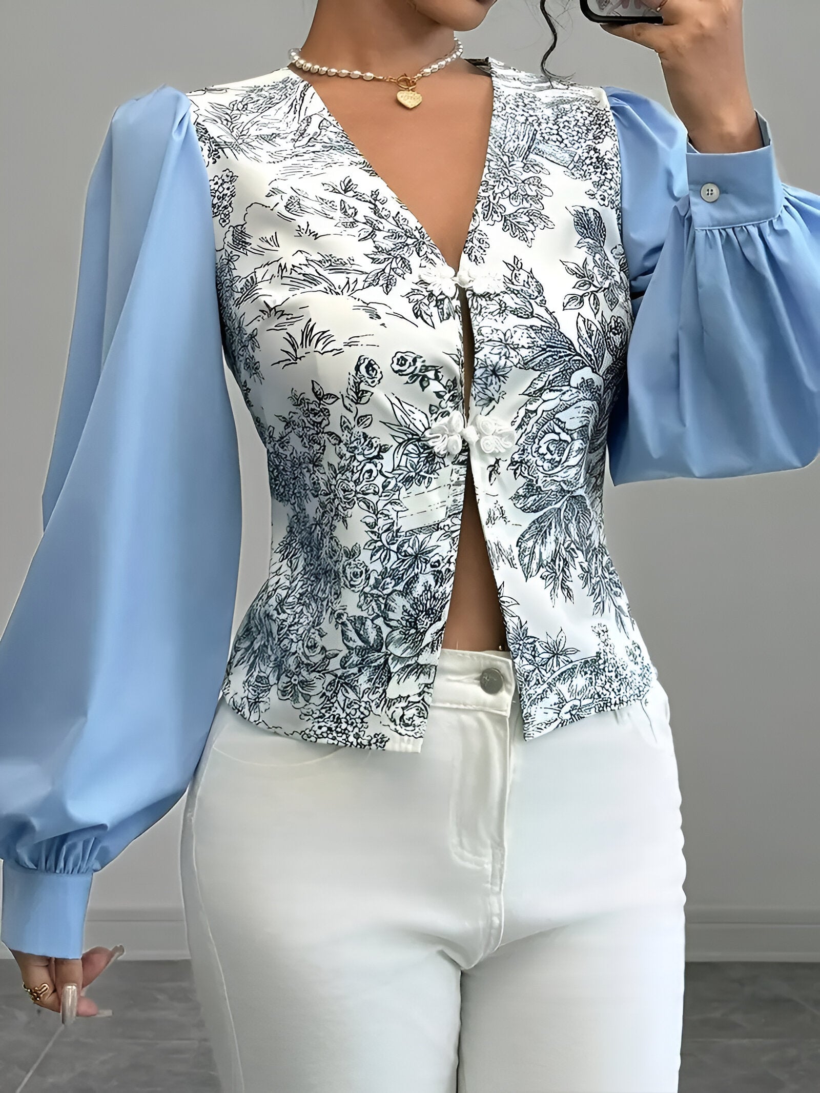 Dam Blus V-hals Blommigt Polyester Lykta Ärmar-2