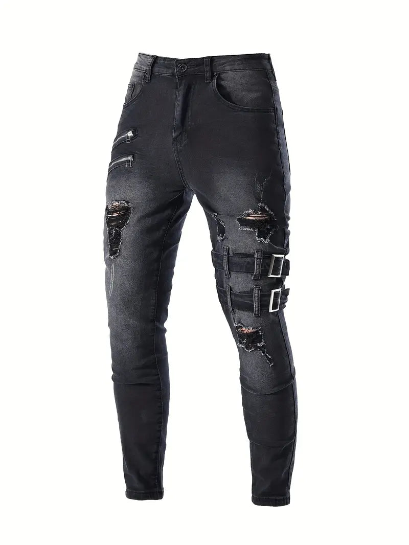 Herr Biker Jeans Avslappnad Denim Med Quiltade Detaljer-4