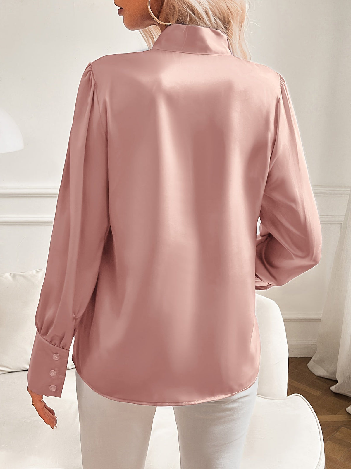 Dam Blus Vit Elegant Silkelook Klassisk Feminin Design Polyester-3