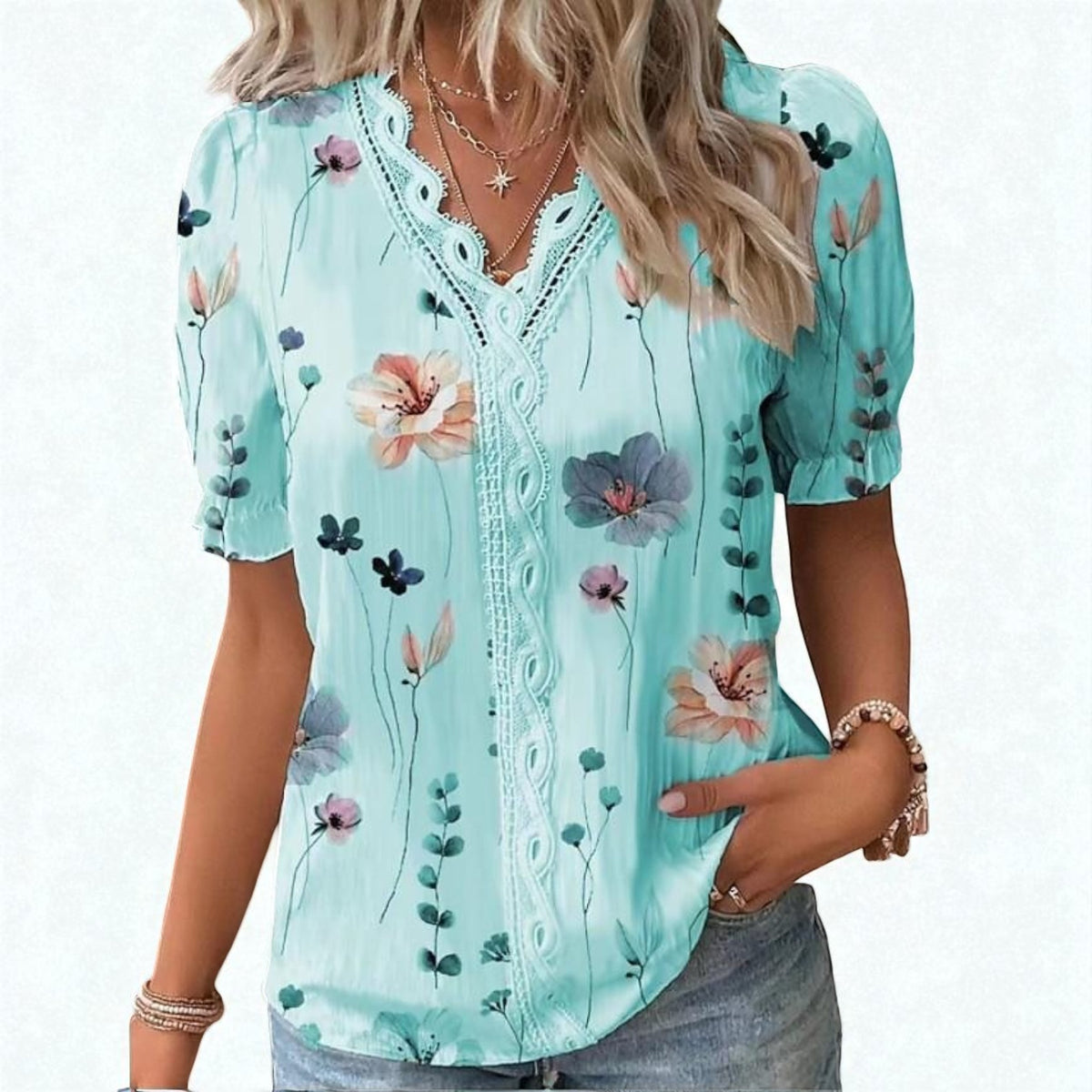 Dam Blus Latt Bomull Blommigt Tryck Feminin