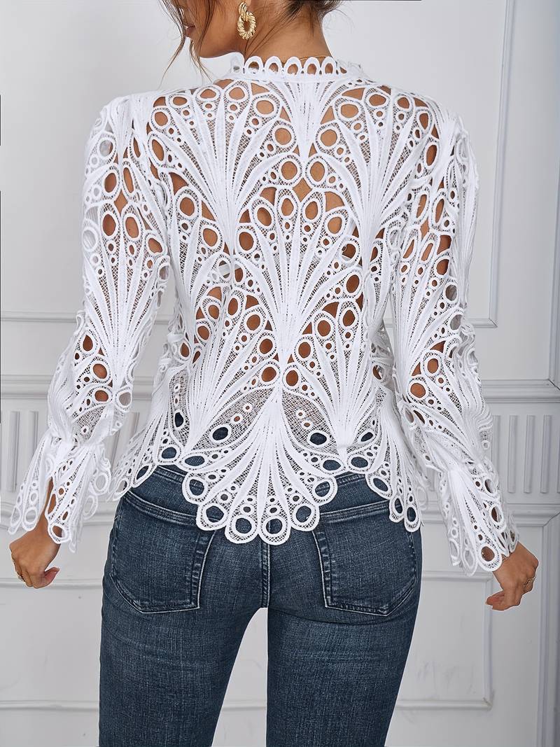 Vit Blus Dam Asymmetrisk med Utskärningar i Polyester-2