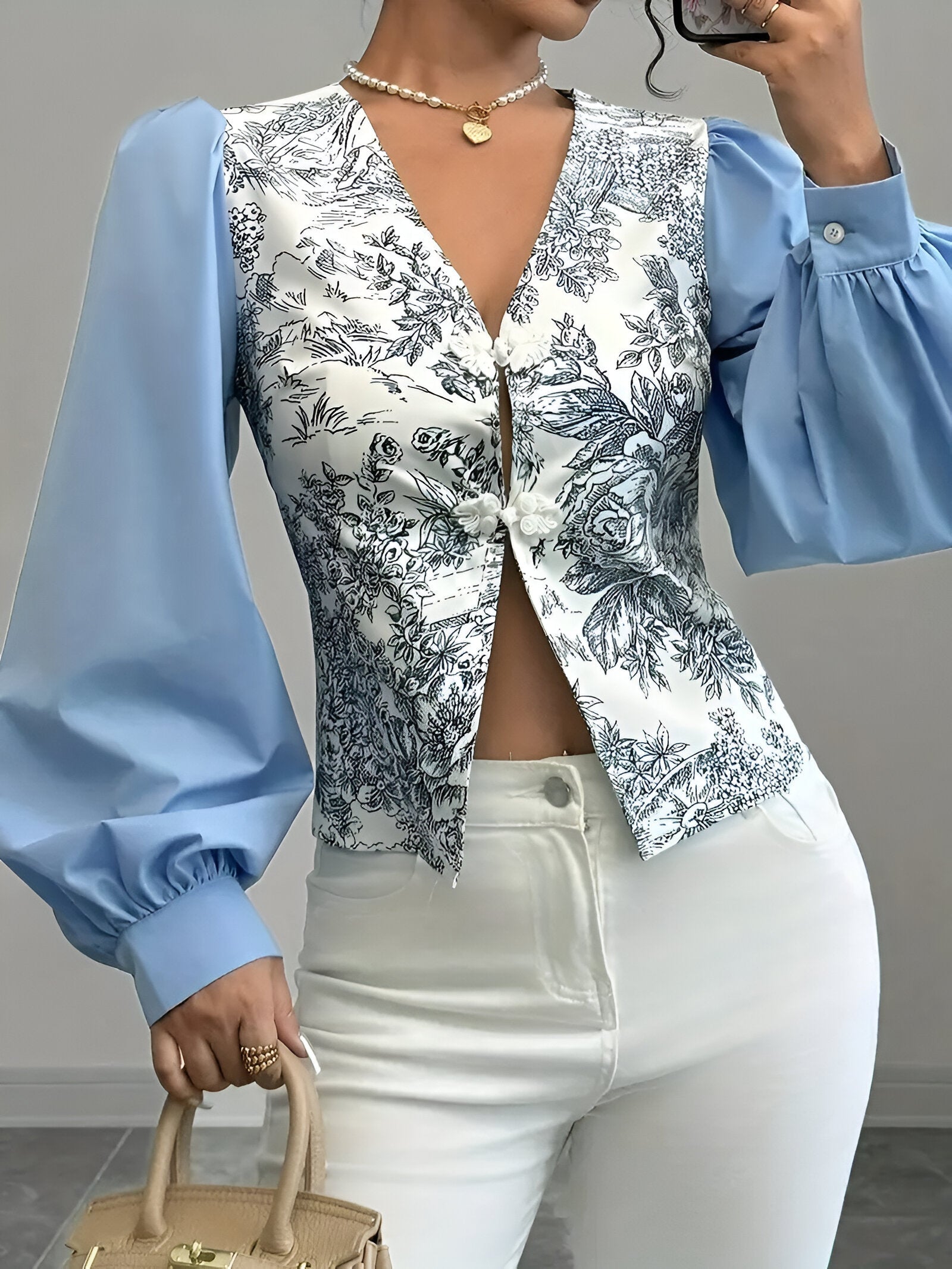 Dam Blus V-hals Blommigt Polyester Lykta Ärmar-3