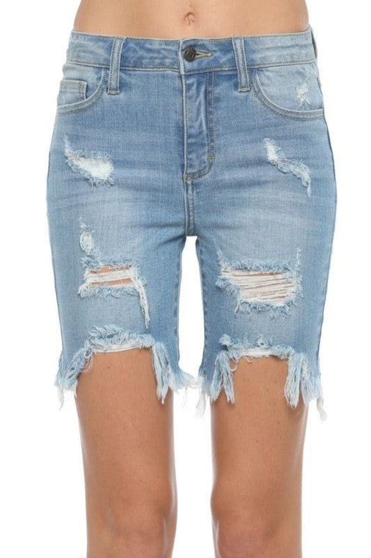 Bermudashorts för Damer med Ojämt Slitsad Kant i Ljus Denim 3