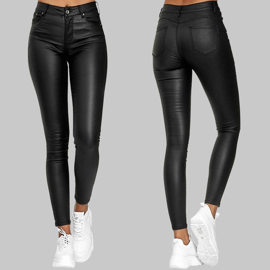 Snygga Byxor Dam Slim Fit Konstläder Hög Midja 1