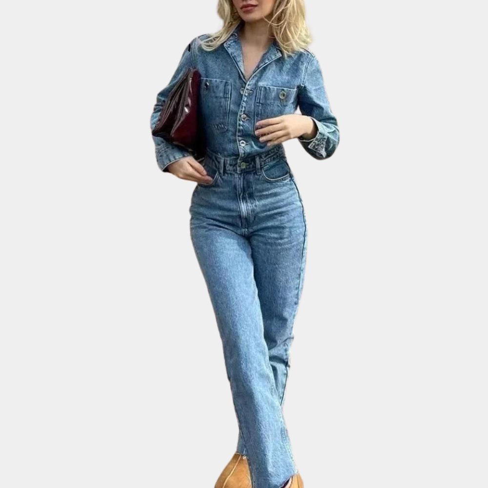 Dam Jumpsuit Långärmad Denim Chic Polyester och Denimblandning-1