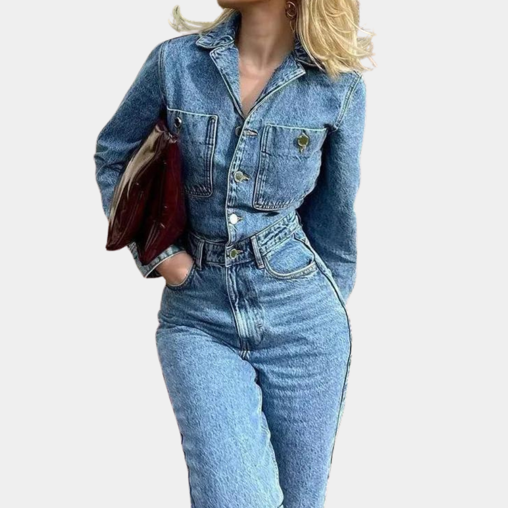 Dam Jumpsuit Långärmad Denim Chic Polyester och Denimblandning-2