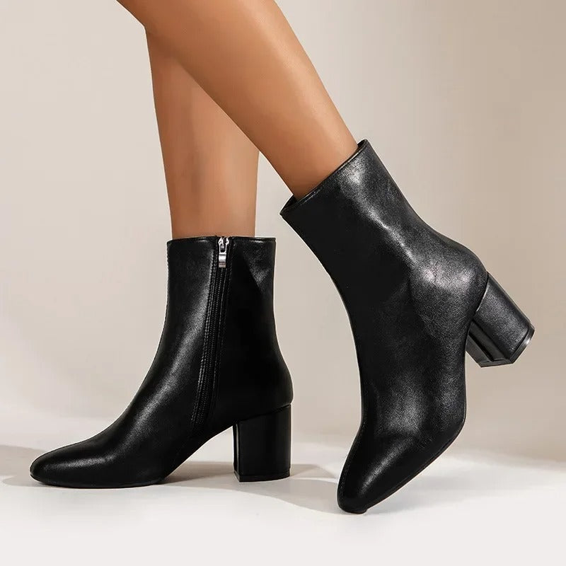 Dam Ankelboots Spetsig Tå med Blockklack och Sidodragkedja 10