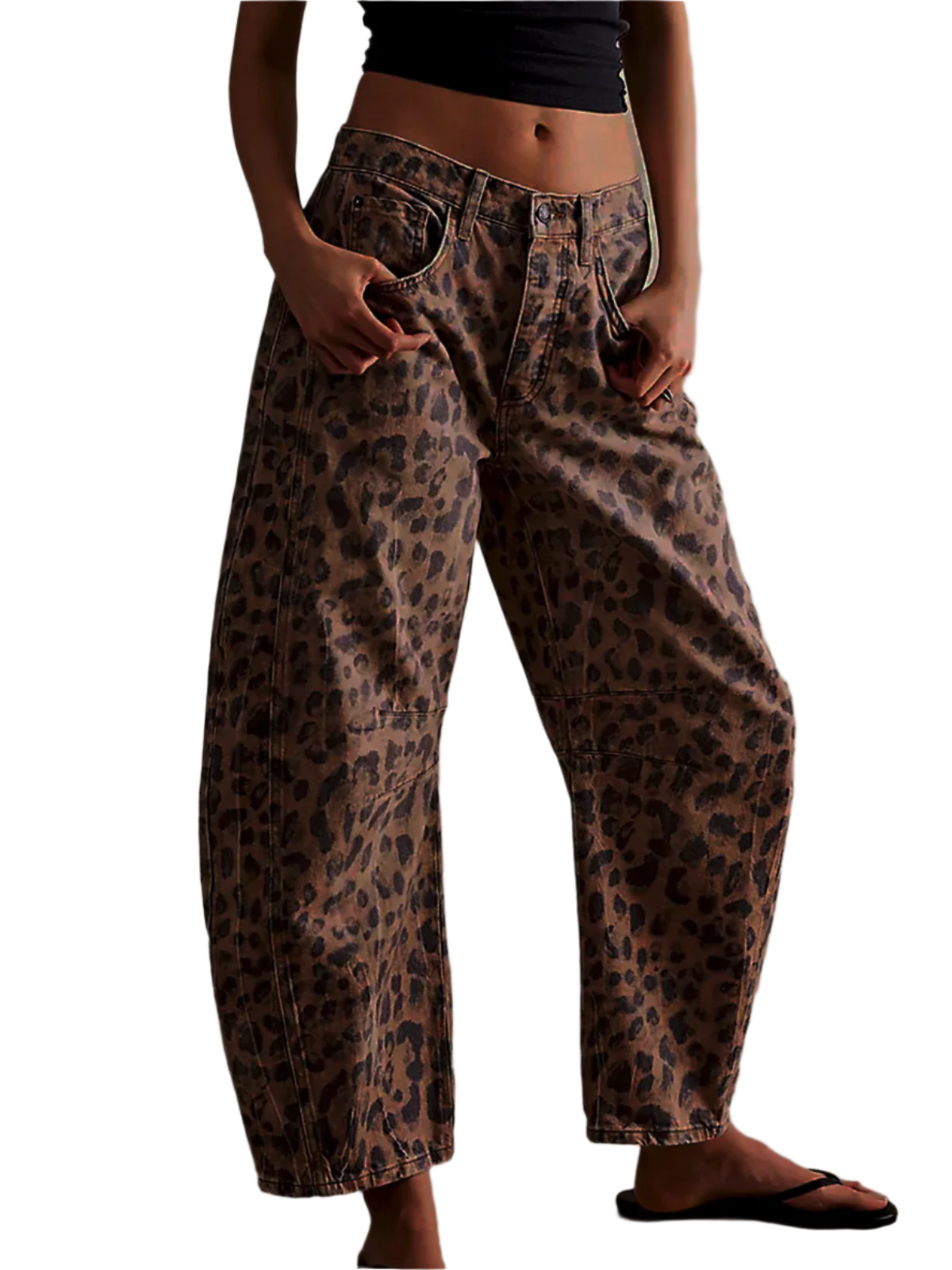 Dam Barrel Jeans Leopardmönster Med Medelhög Midja Bomull Elastan 0