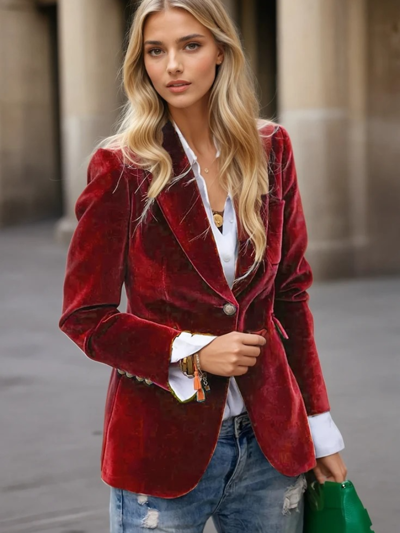 Dam Blazer Retro Elegant Enknappad Sammet 1