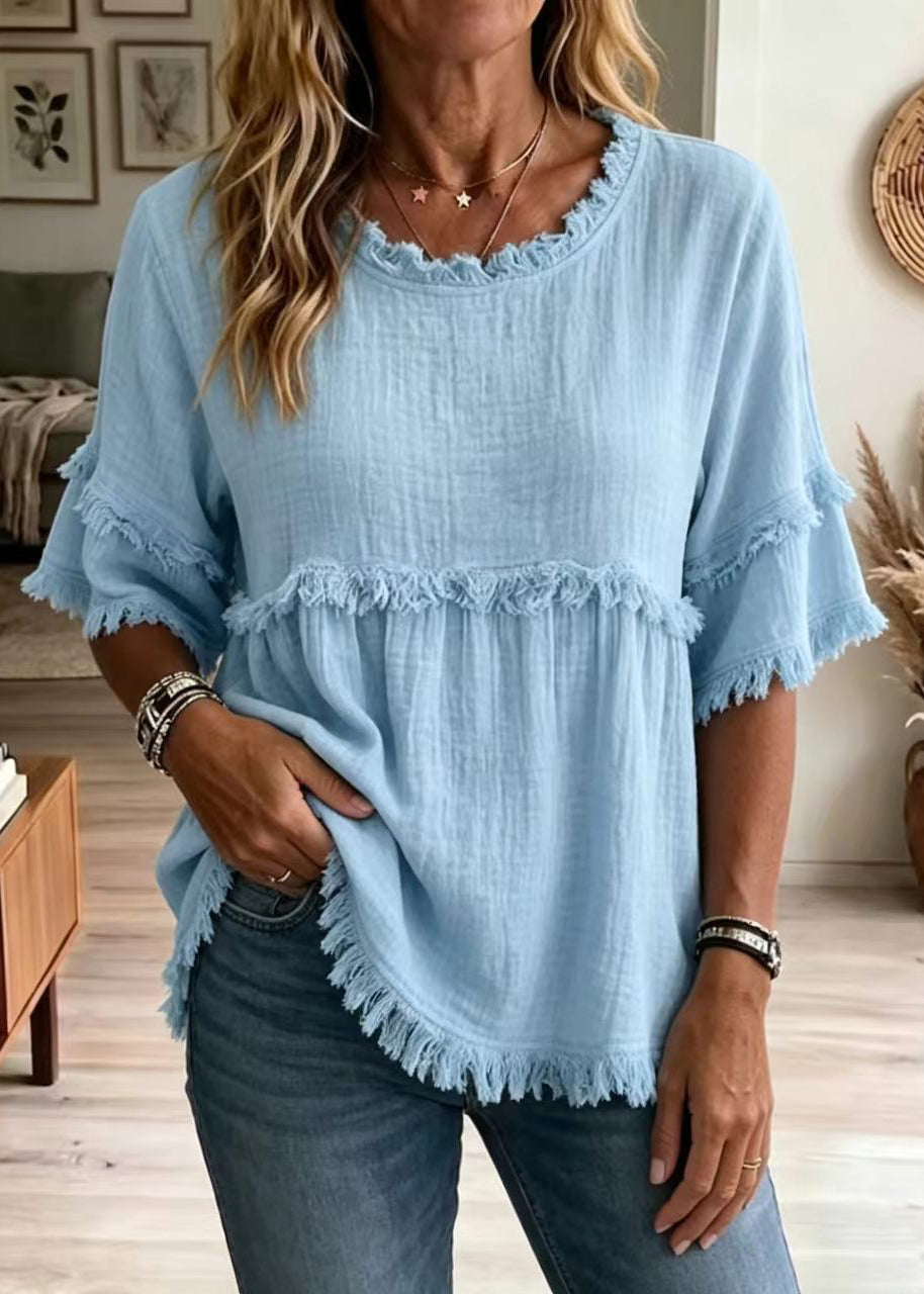 Dam Blus Bohemisk Stil O-ringad Hals Halvärm 2