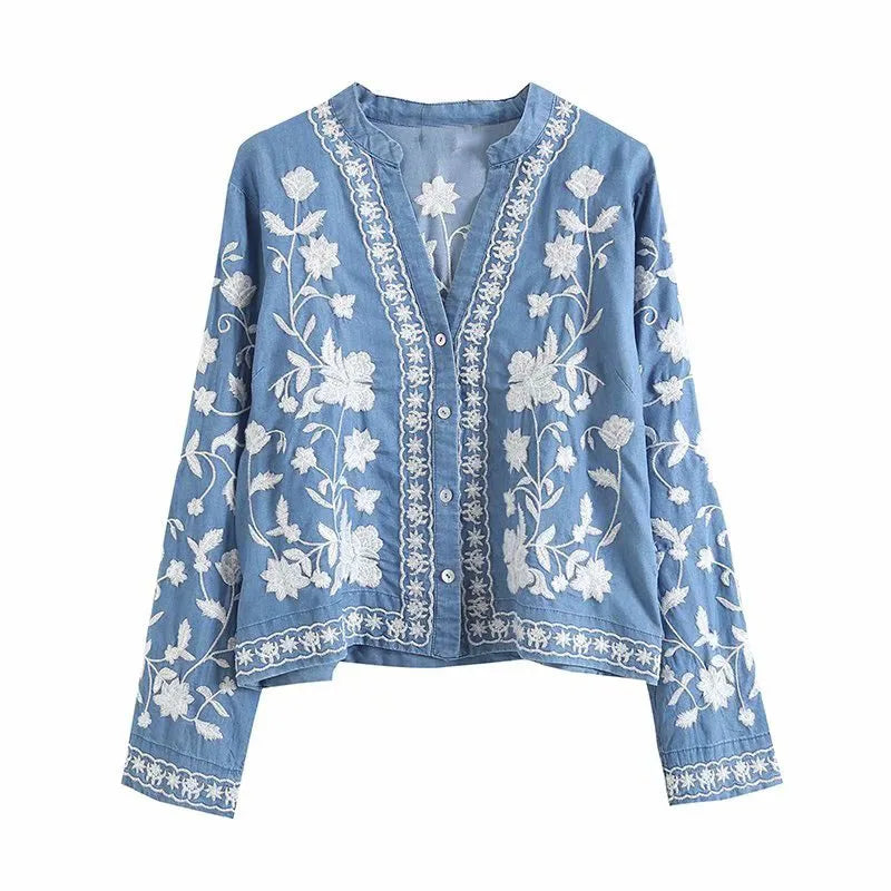 Dam Blus Boho Denim Avslappnad Stil 0