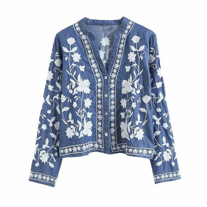 Dam Blus Boho Denim Avslappnad Stil 3