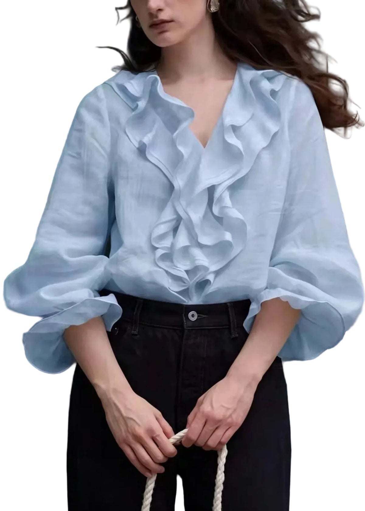 Dam Blus V-ringad Boho Volang Lanternärm 0