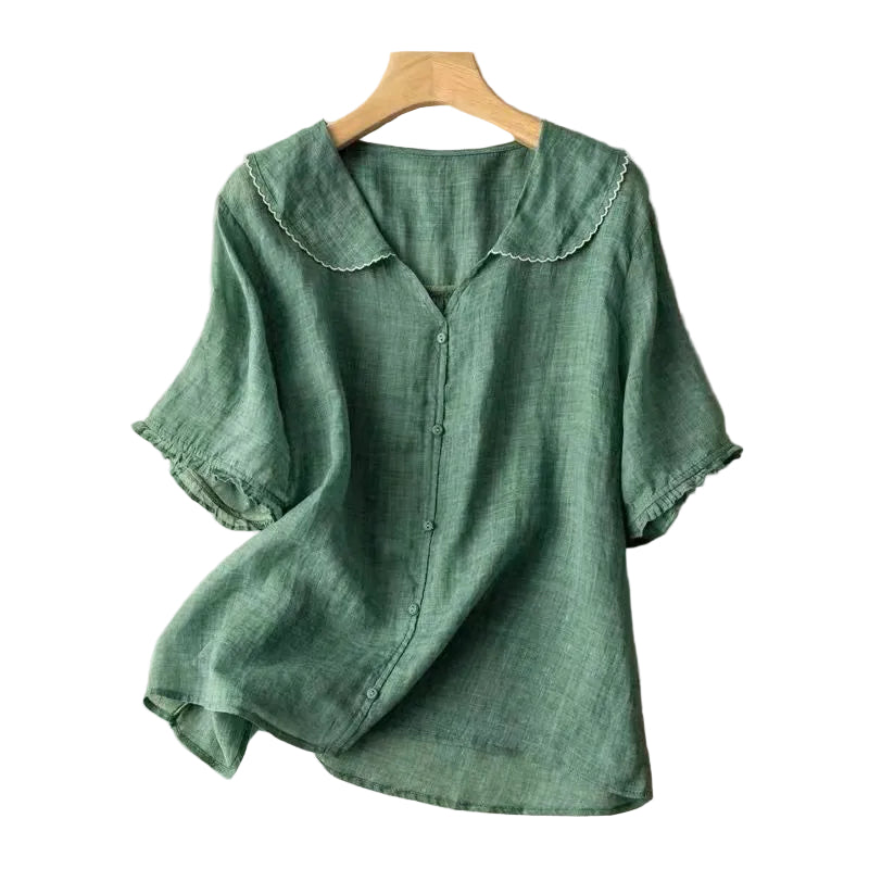 Dam Blus Vintage med Knappdetalj och Bågad Krage 0