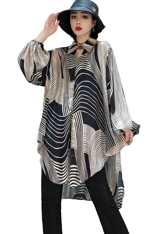 Dam Blus med Randig Chiffon och Låg-Hög Design 0