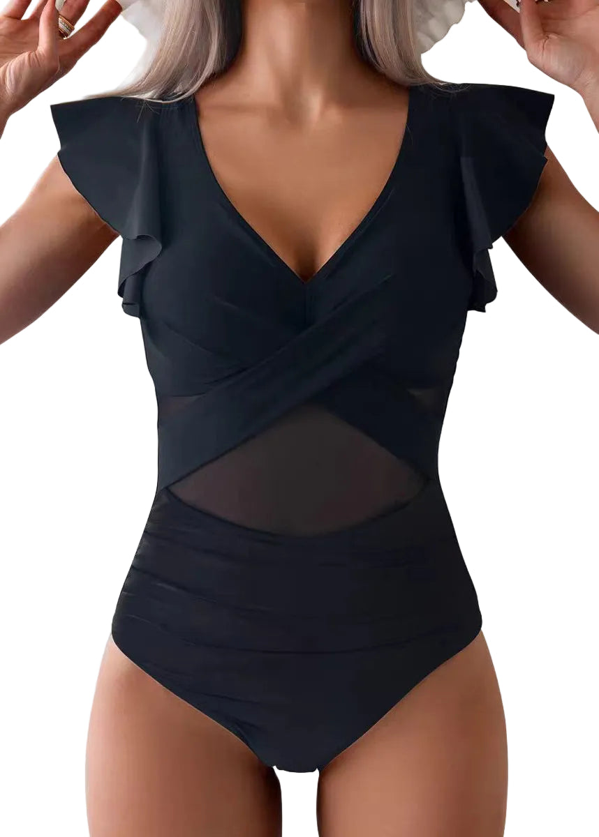 Dam Bodysuit med V-hals och volang i boho-stil 0