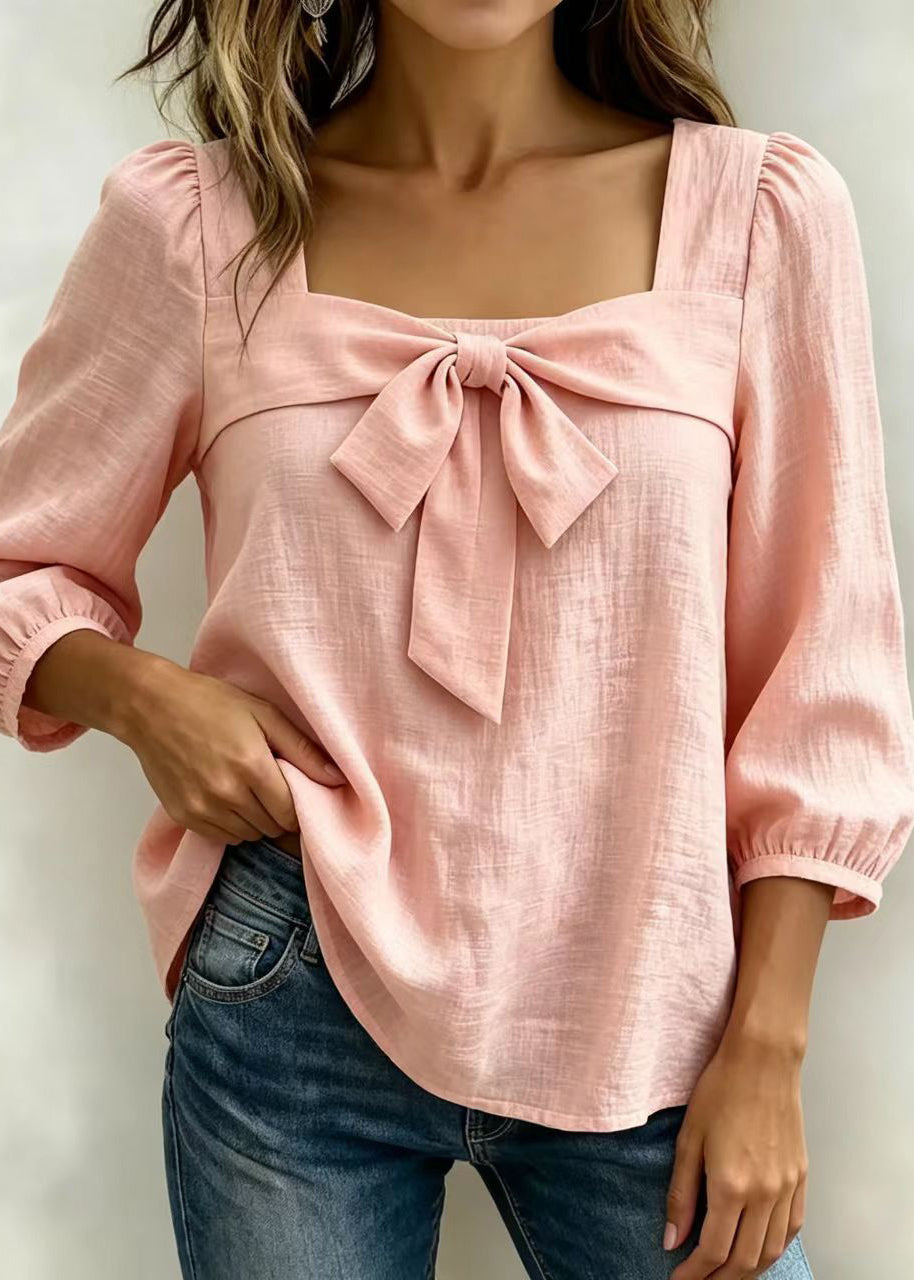 Dam Bomullskjorta med Fyrkantig Krage och Långärmad Design 1