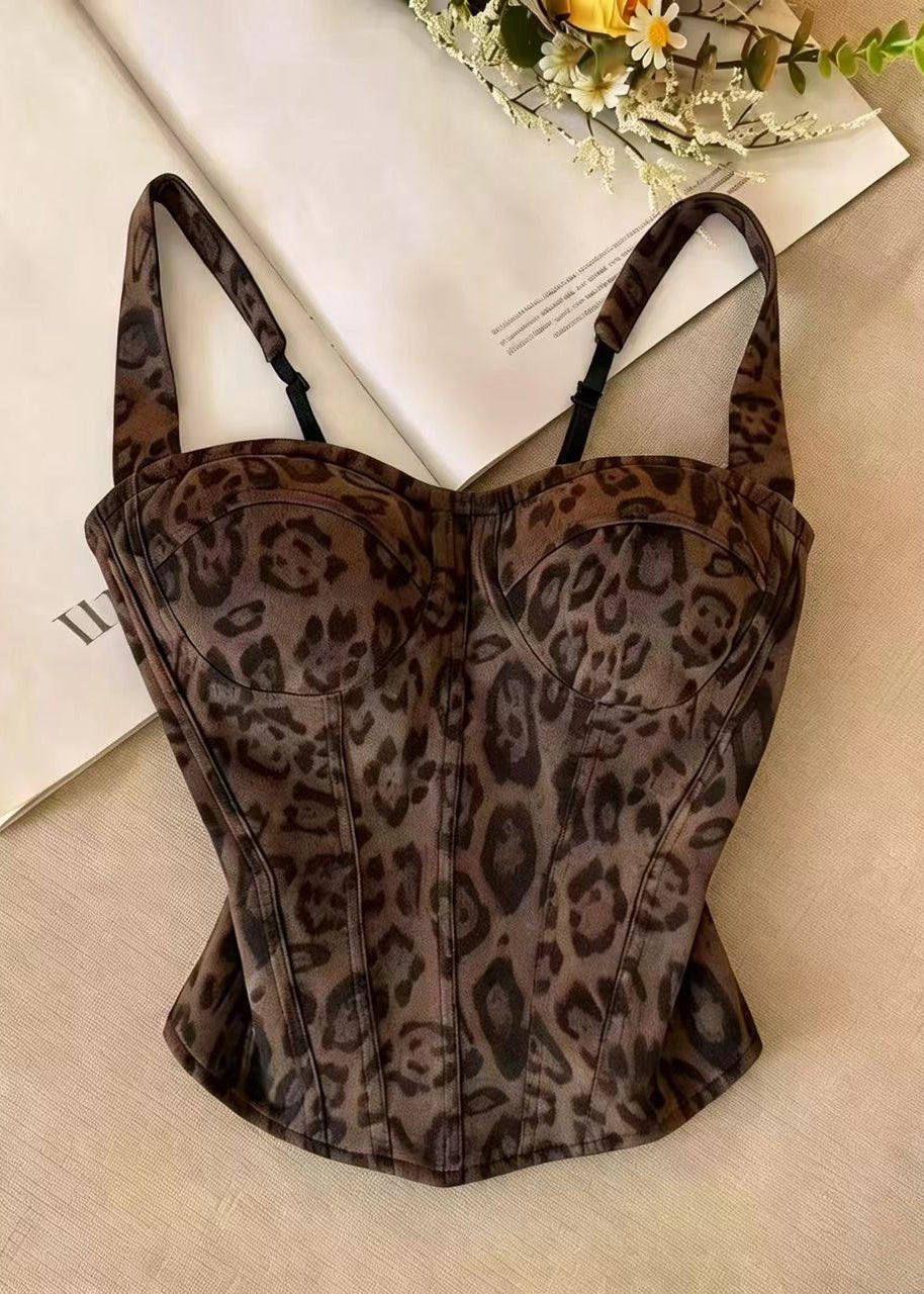 Dam Bustier Top med Leopardmönster och Fiskbensdesign 0