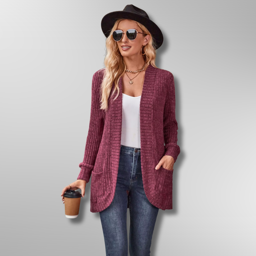 Dam Cardigan Ribbad Design Mjuk Polyester Akryl Rayon 3