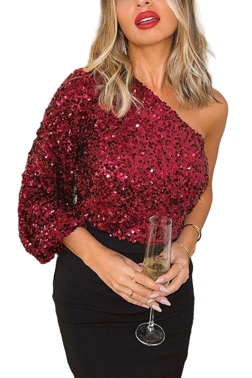 Dam Festtopp En Axel med Paljetter - Trendig Festtoppar för Speciella Tillfällen 0