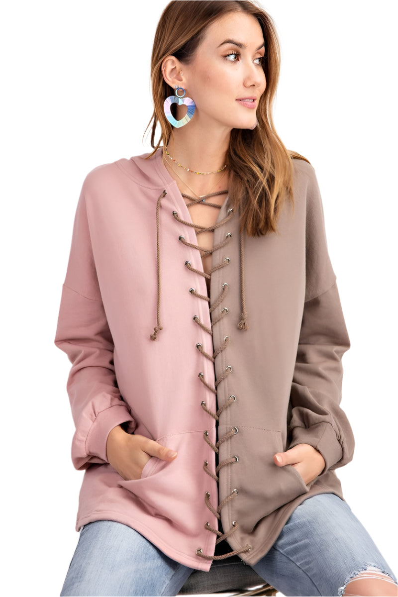 Dam Hoodie Färgblock Terry Knit Mocha 0