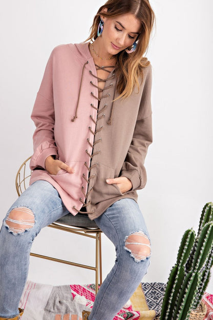 Dam Hoodie Färgblock Terry Knit Mocha 2