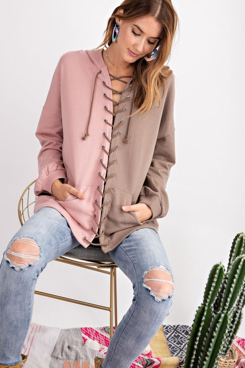 Dam Hoodie Färgblock Terry Knit Mocha 2