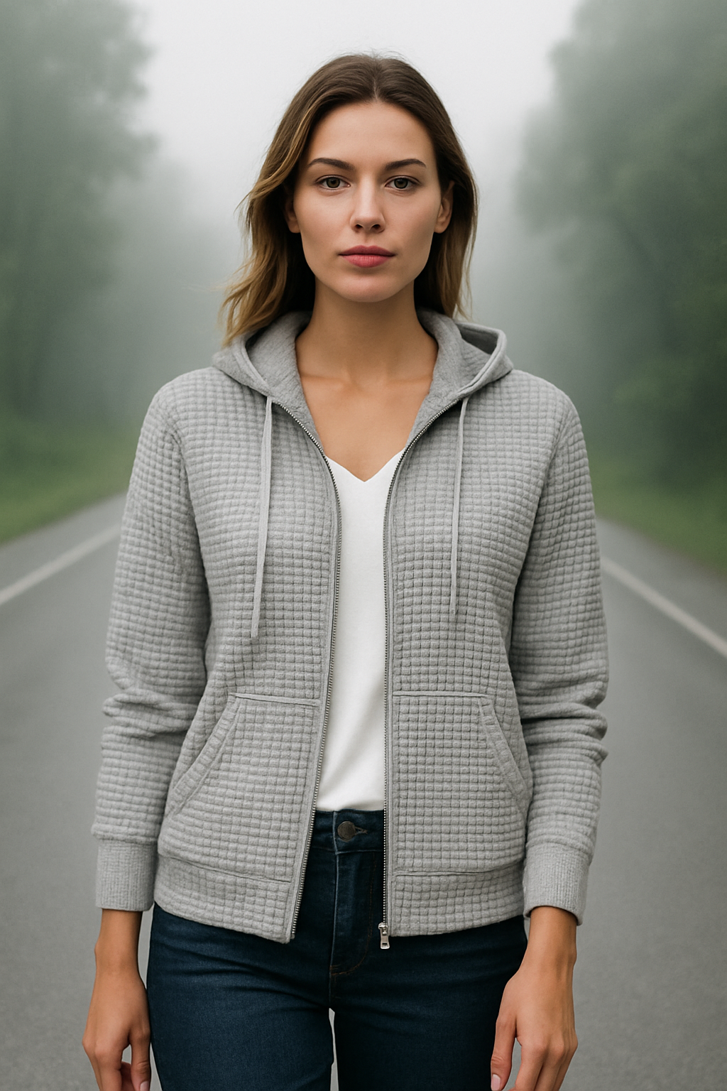 Dam Hoodie Väst Waffle Struktur Mjuk Blandning 1