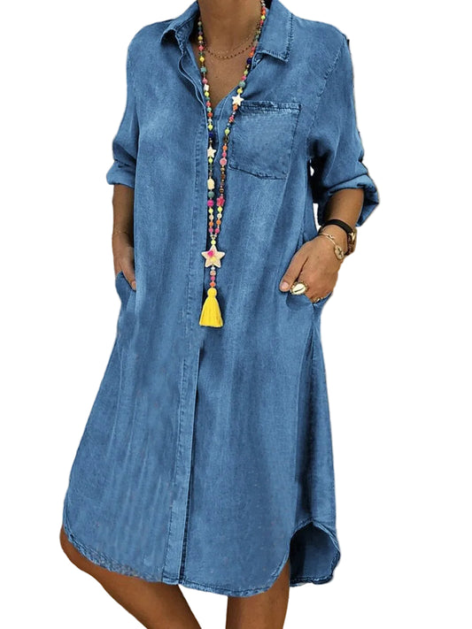 Dam Jeansklänning Med Skjortdesign och Sidfickor 0