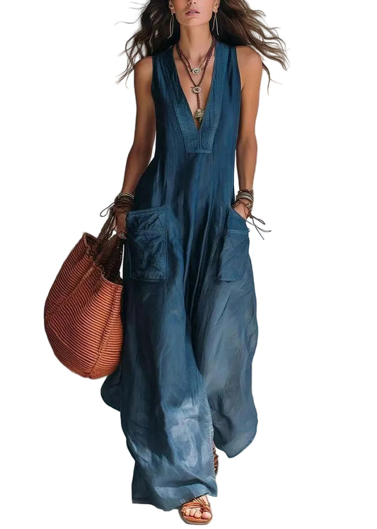 Dam Jumpsuit Ärmlös V-hals Casual med Fickor 0