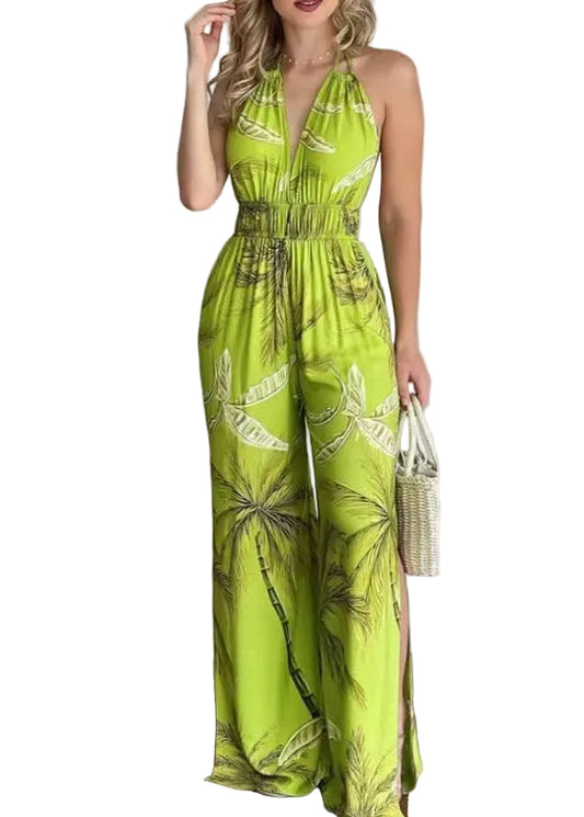 Dam Jumpsuit Halter Backless med Tryck och Resår i Midjan 0